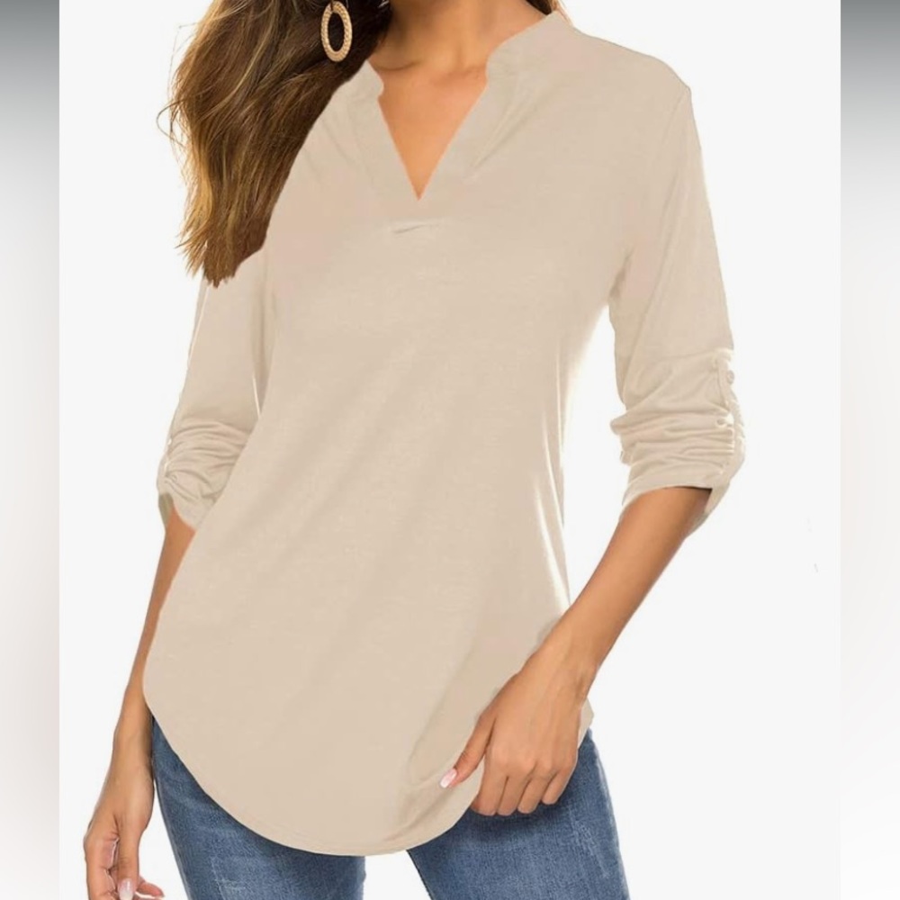 🔥 NWT HALIFE long rollup sleeve v-neck Khaki color top size 2 XL.